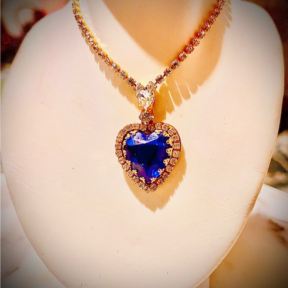 Estate Pididdly Links Heart of the Ocean faux sapphire rhinestone w/gold tone